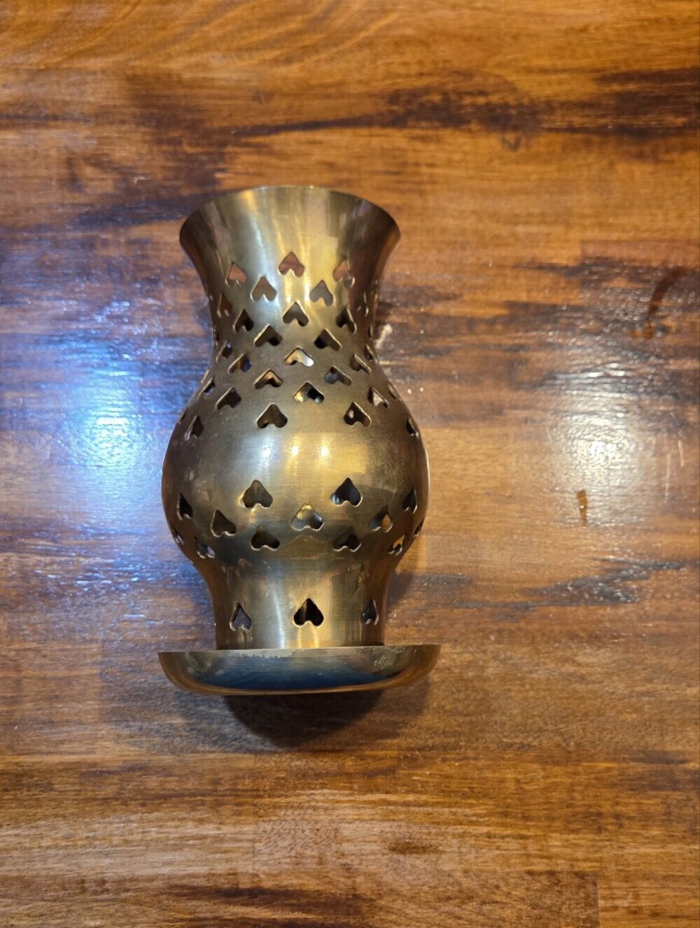 Solid Brass Hurricane Votive Candle Holder w/ Heart Cutouts - Made in India Vtg